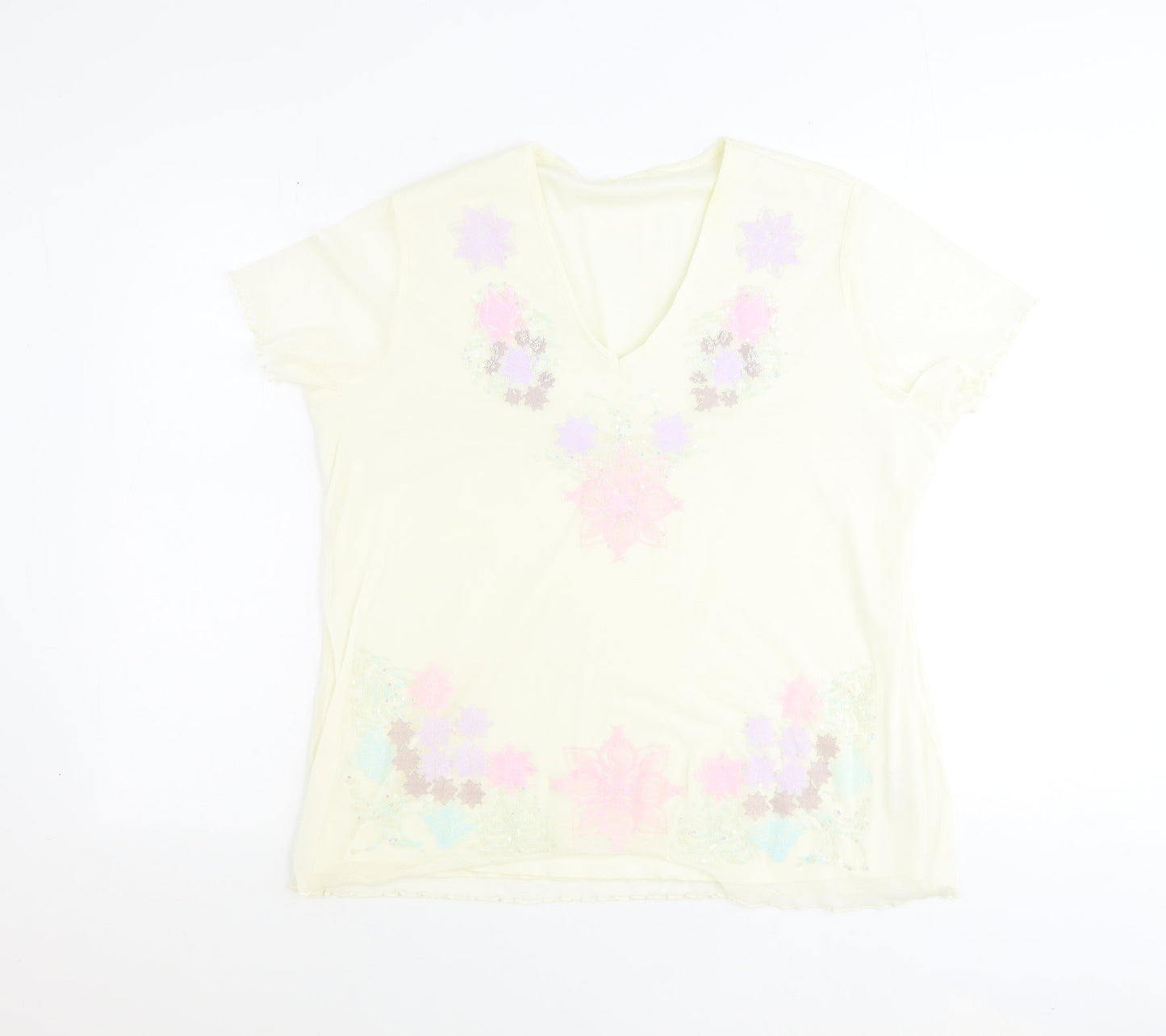 Preworn Womens Yellow Polyester Basic T-Shirt Size 14 V-Neck