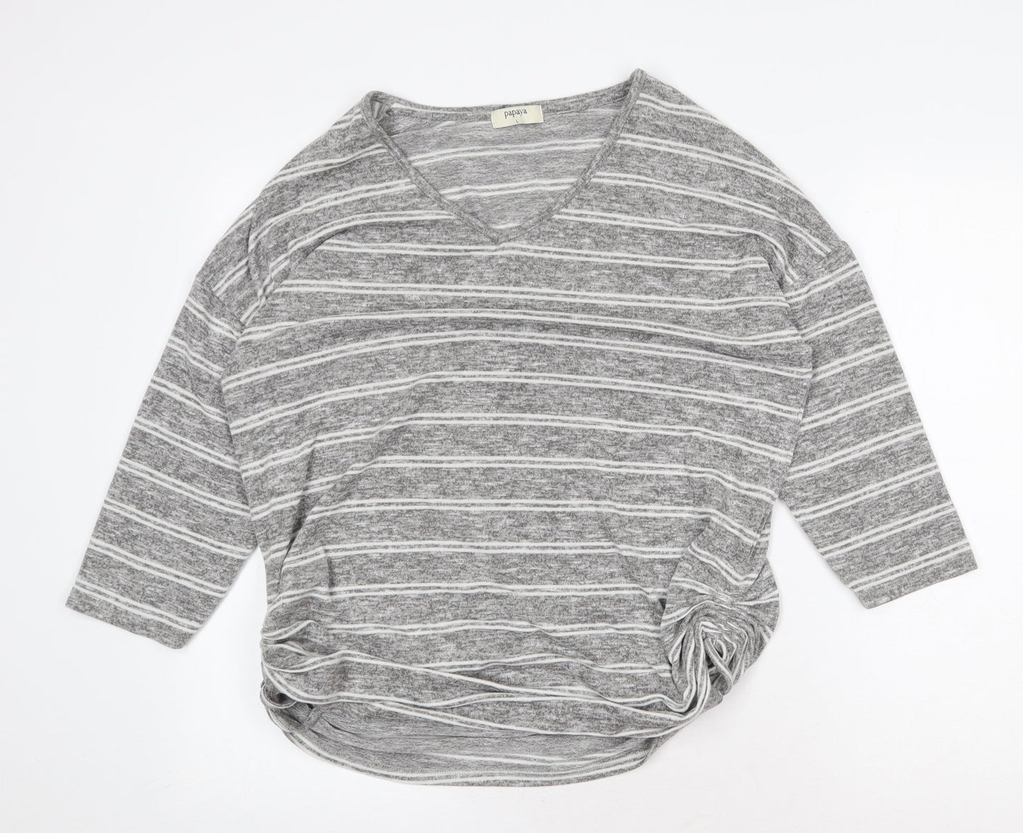Papaya Womens Grey V-Neck Striped Viscose Pullover Jumper Size L