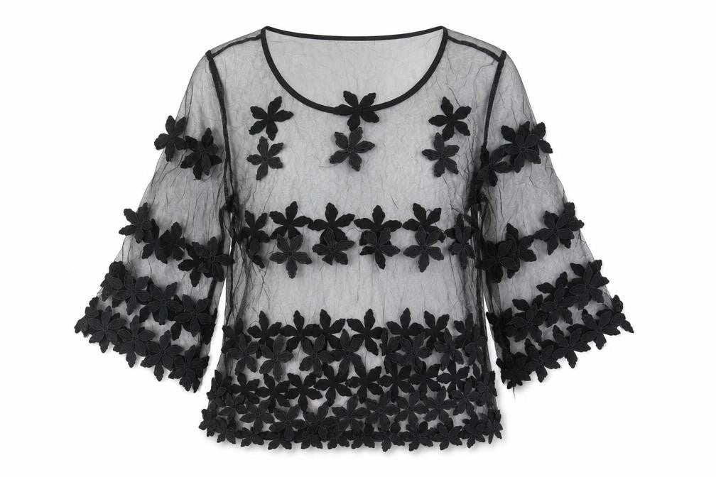 Lily McBee Womens Black Floral Polyester Basic Blouse Size S Round Neck
