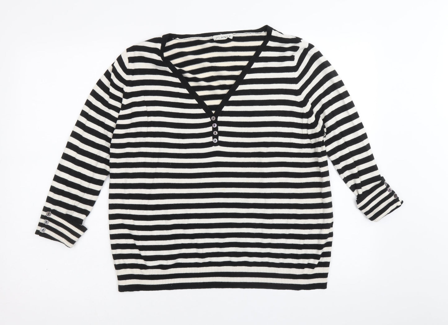 Planet Womens Black V-Neck Striped Modal Pullover Jumper Size L