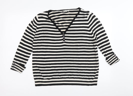 Planet Womens Black V-Neck Striped Modal Pullover Jumper Size L