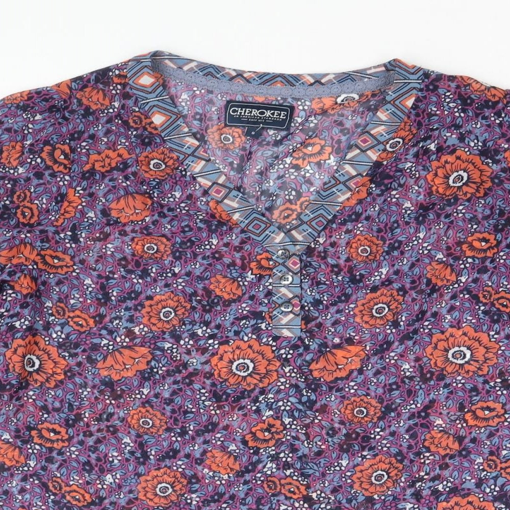Cherokee Womens Multicoloured Floral Polyester Basic Blouse Size 8 V-Neck