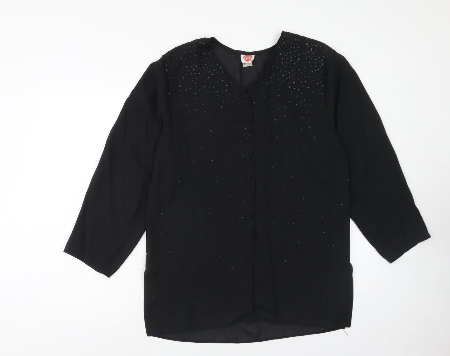 Cleo Womens Black Polyester Basic Button-Up Size 10 V-Neck