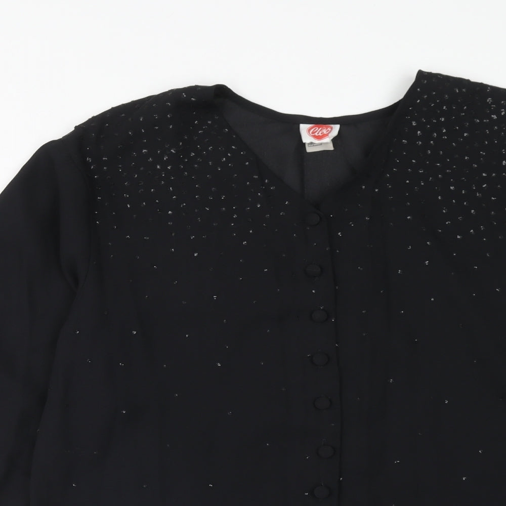 Cleo Womens Black Polyester Basic Button-Up Size 10 V-Neck