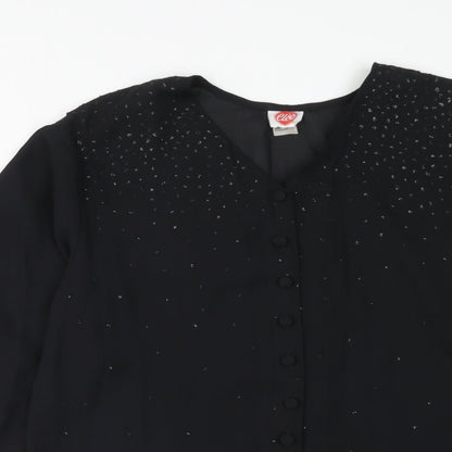 Cleo Womens Black Polyester Basic Button-Up Size 10 V-Neck