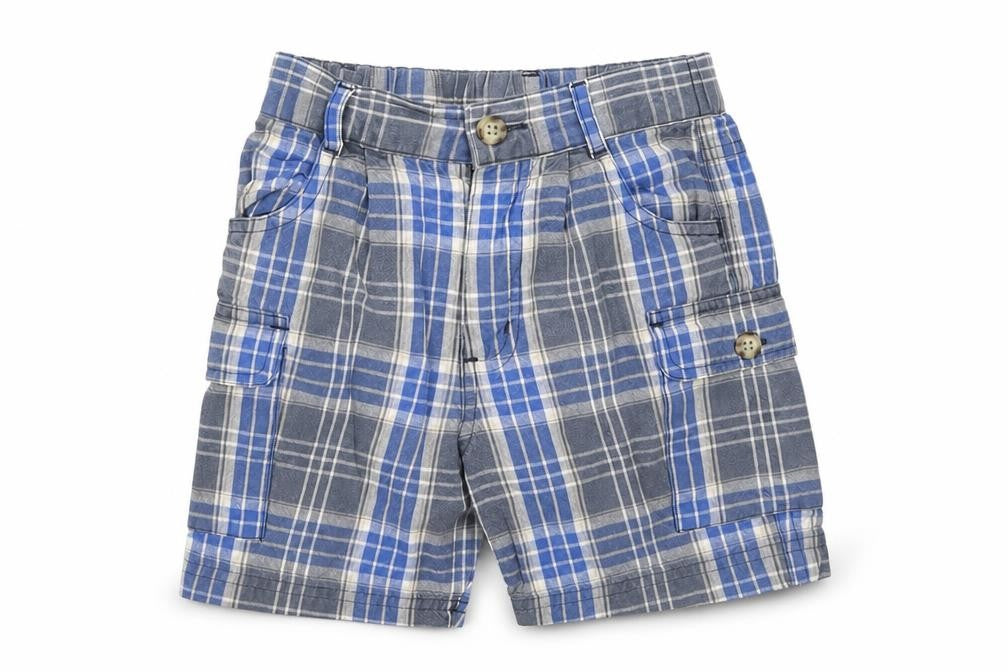 Next Boys Blue Plaid Cotton Cargo Shorts Size 2 Years Regular Zip