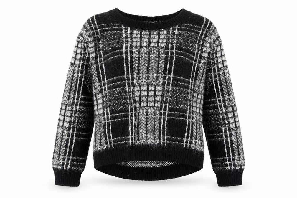 F&F Girls Black Round Neck Plaid Acrylic Pullover Jumper Size 6-7 Years Pullover