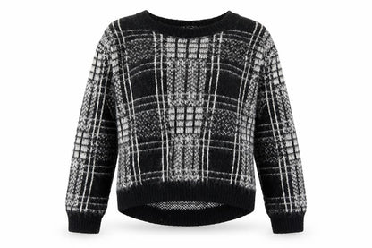 F&F Girls Black Round Neck Plaid Acrylic Pullover Jumper Size 6-7 Years Pullover