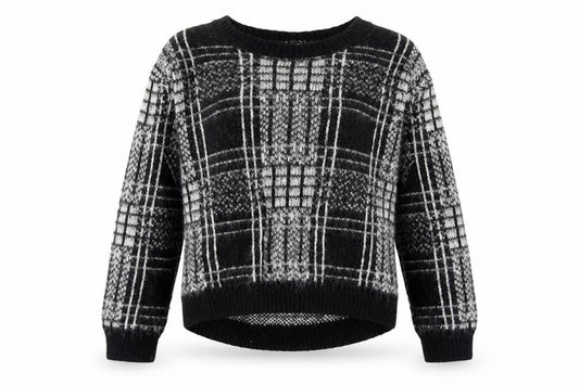 F&F Girls Black Round Neck Plaid Acrylic Pullover Jumper Size 6-7 Years Pullover