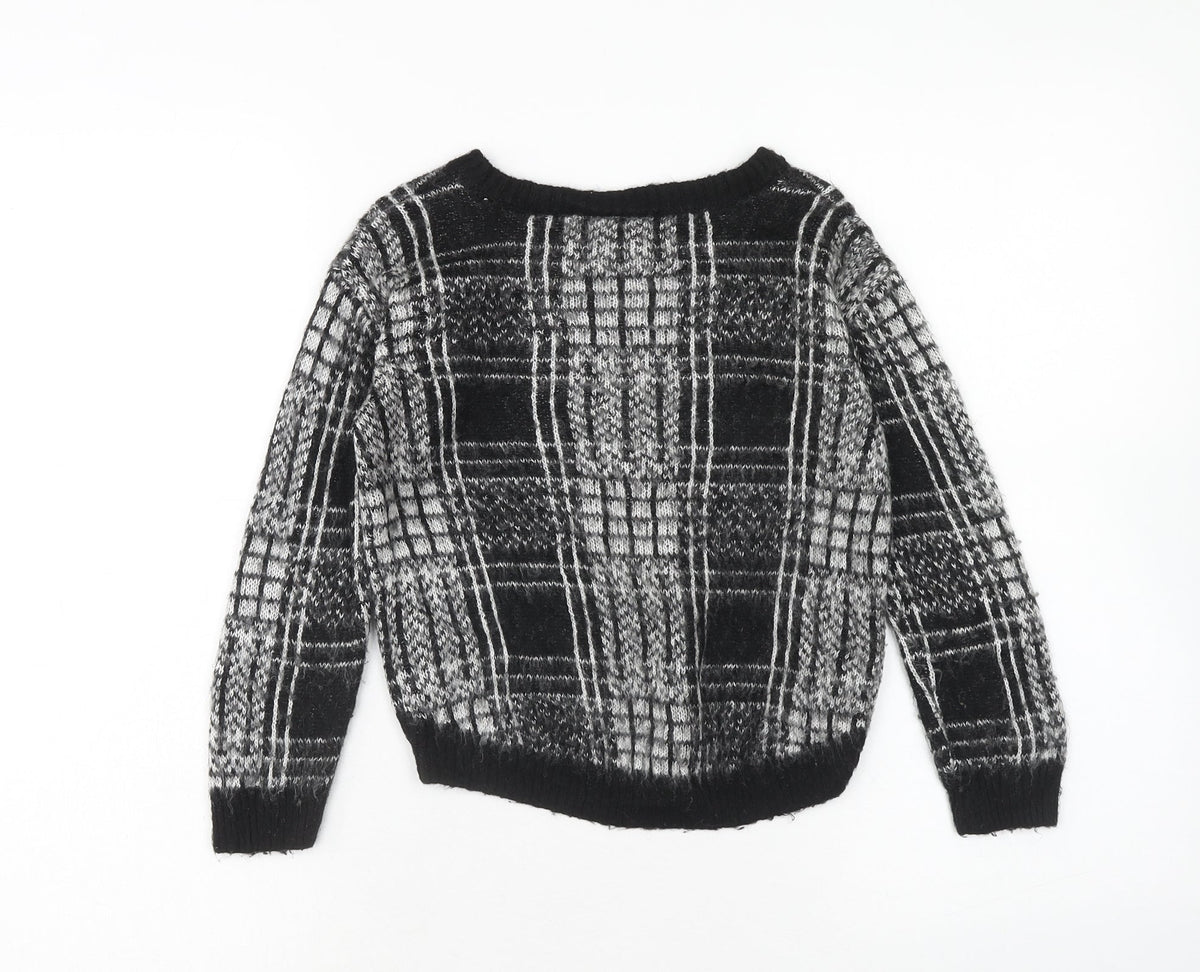 F&F Girls Black Round Neck Plaid Acrylic Pullover Jumper Size 6-7 Years Pullover