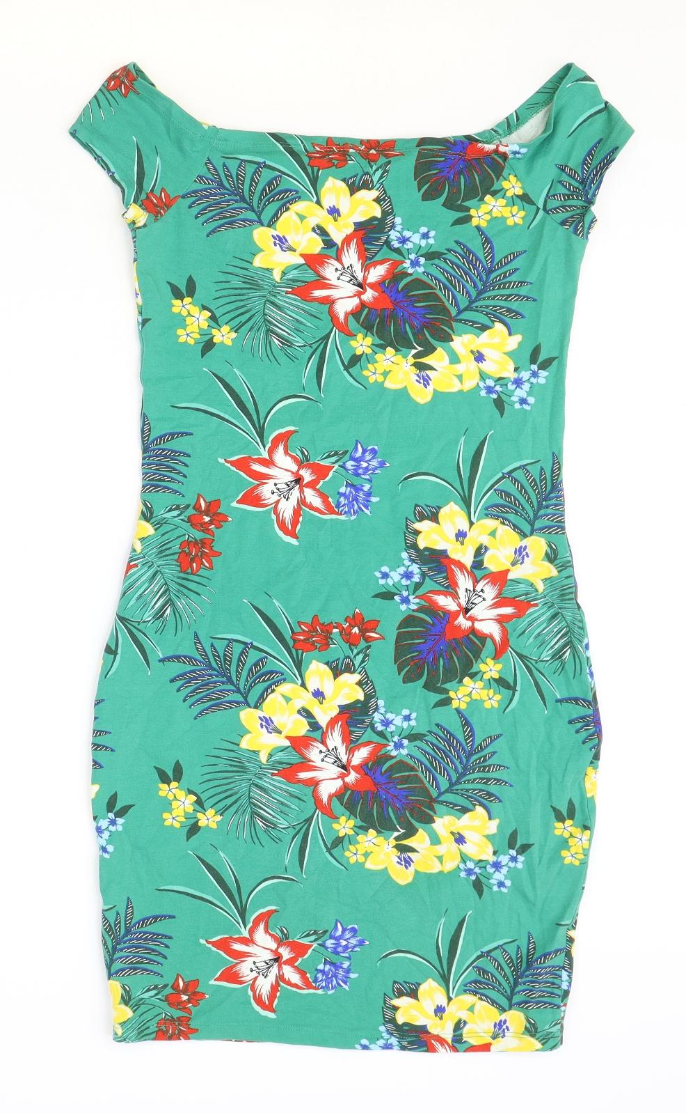 New Look Womens Green Floral Polyester Mini Size 10 Boat Neck Pullover