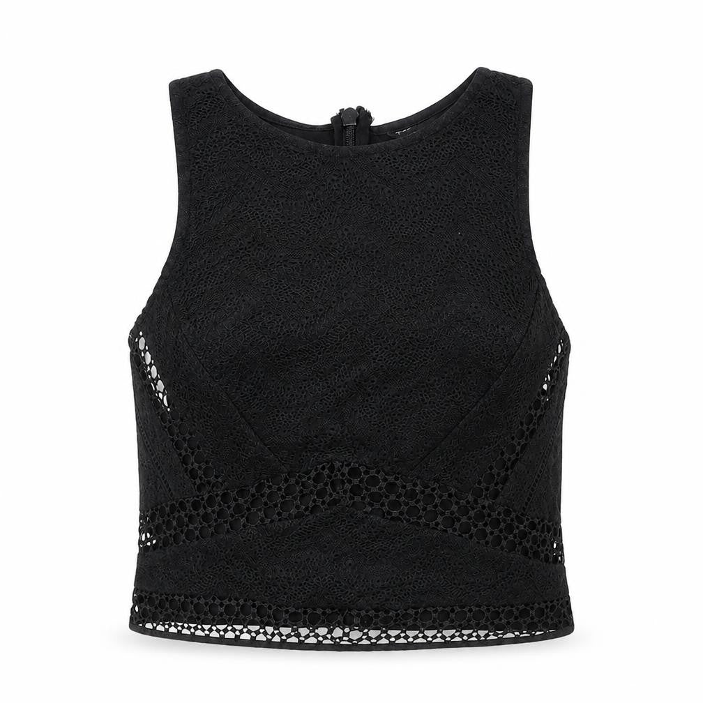 Topshop Womens Black Geometric Polyester Basic Tank Size 8 Round Neck - Lace Detail