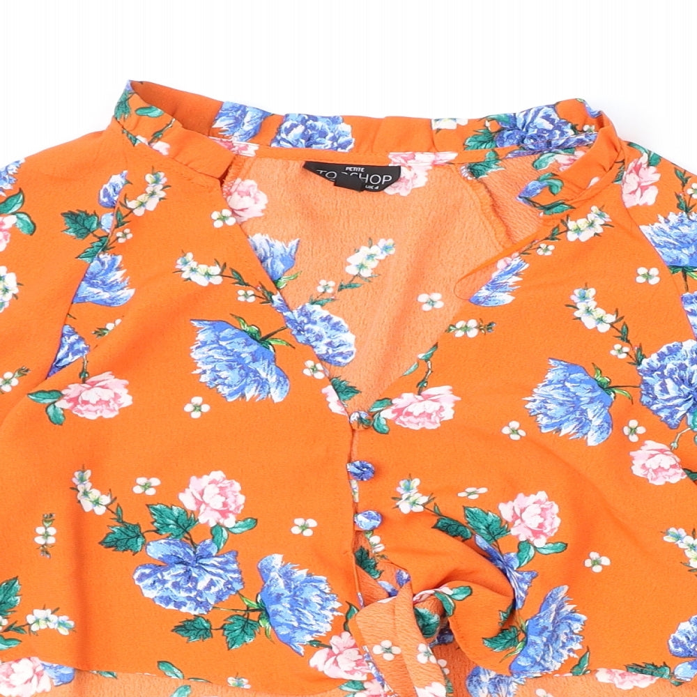 Topshop Womens Orange Floral Polyester Cropped Blouse Size 4 V-Neck