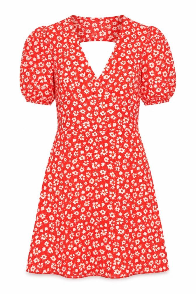 SheIn Womens Red Floral Polyester A-Line Size XS V-Neck Zip