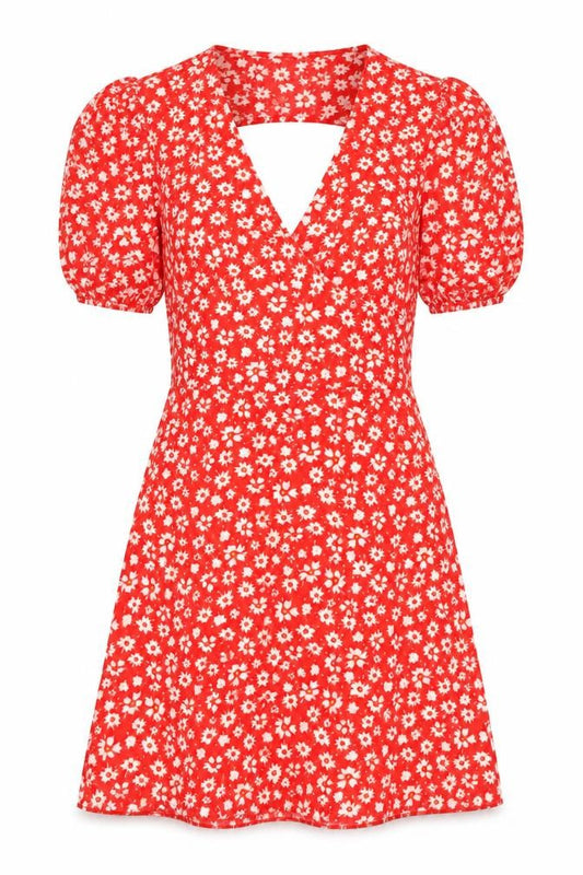 SheIn Womens Red Floral Polyester A-Line Size XS V-Neck Zip