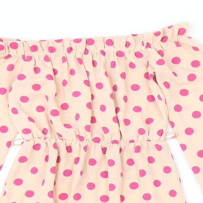 PRETTYLITTLETHING Womens Beige Polka Dot Polyester A-Line Size 8 Off the Shoulder Pullover