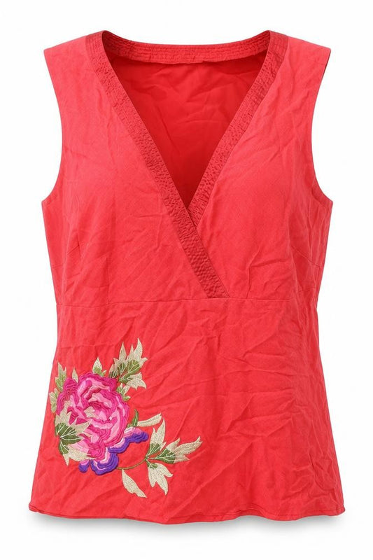 Anne Carson Womens Red Linen Basic Tank Size L V-Neck - Flower Detail