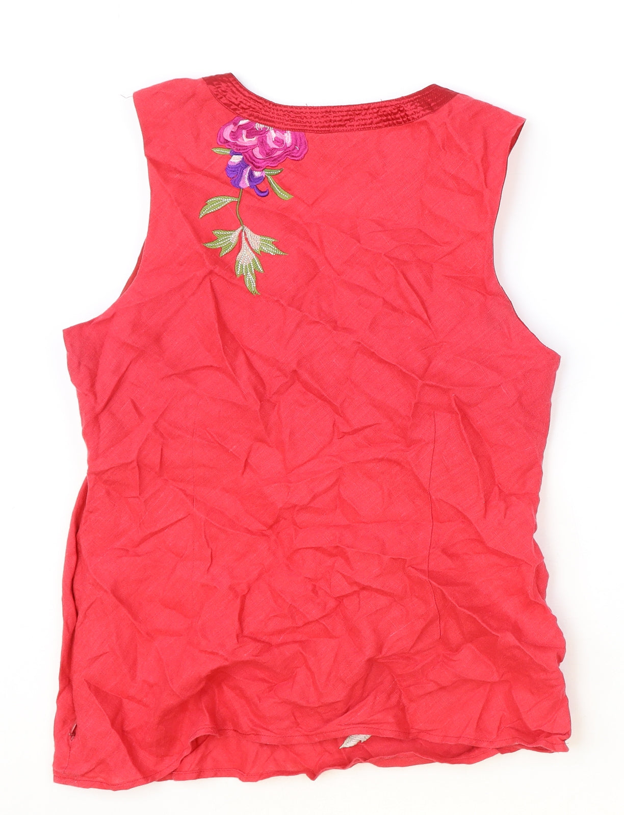 Anne Carson Womens Red Linen Basic Tank Size L V-Neck - Flower Detail