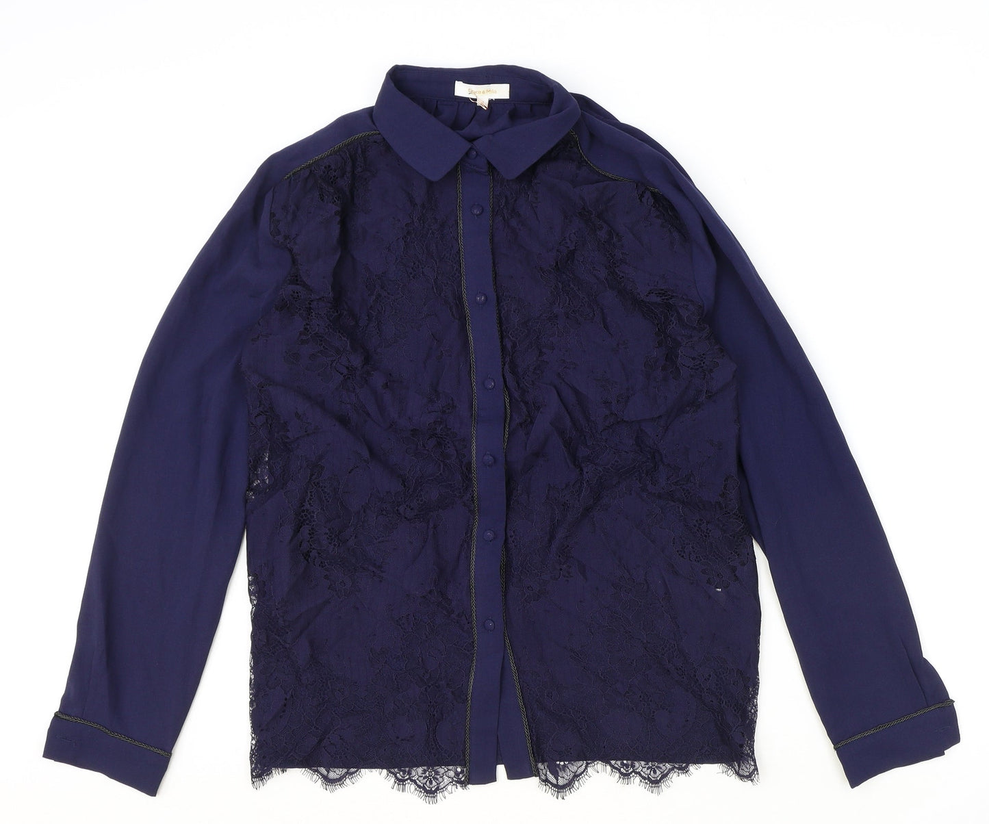 Grace & Mila Womens Black Polyester Basic Button-Up Size M Collared - Lace Detail