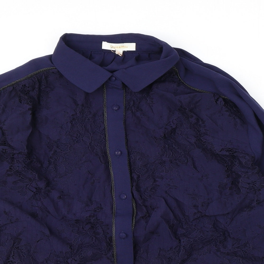 Grace & Mila Womens Black Polyester Basic Button-Up Size M Collared - Lace Detail