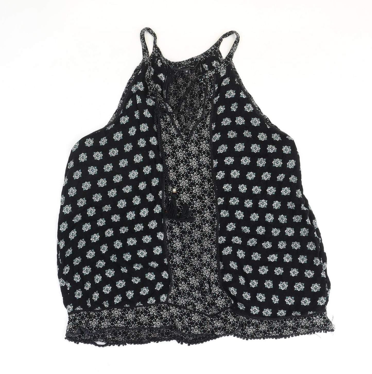 New Look Womens Black Geometric Viscose Basic Blouse Size 12 Round Neck
