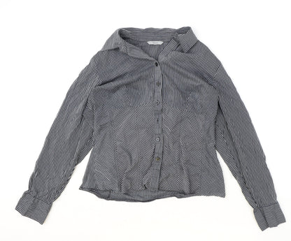 Marks & Spencer Womens Black Striped Viscose Basic Button-Up Size 14 V-Neck