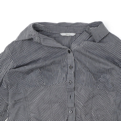 Marks & Spencer Womens Black Striped Viscose Basic Button-Up Size 14 V-Neck