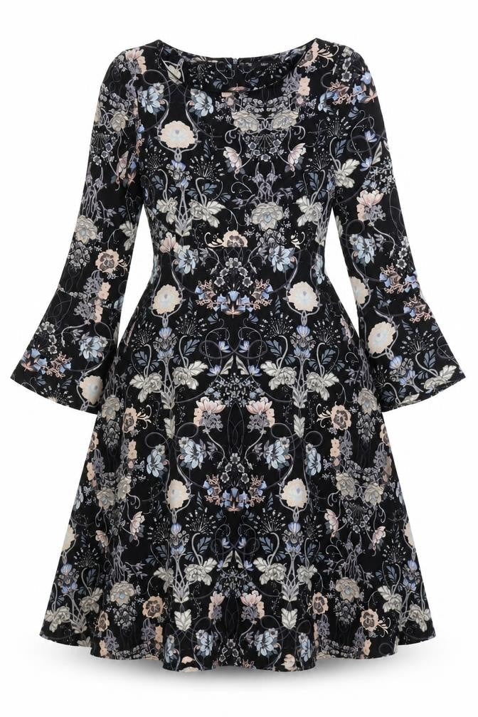 M&Co Womens Black Geometric Polyester Fit & Flare Size 10 Round Neck Zip