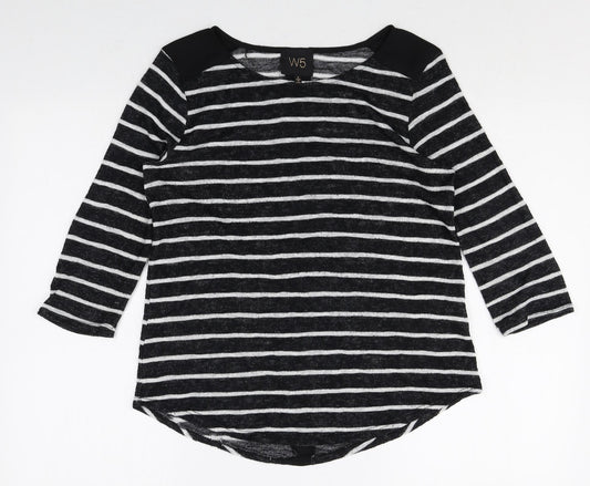 W5 Womens Black Striped Viscose Basic T-Shirt Size S Round Neck