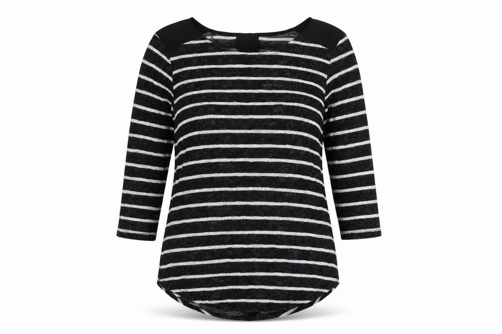 W5 Womens Black Striped Viscose Basic T-Shirt Size S Round Neck