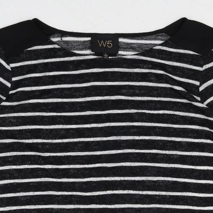 W5 Womens Black Striped Viscose Basic T-Shirt Size S Round Neck