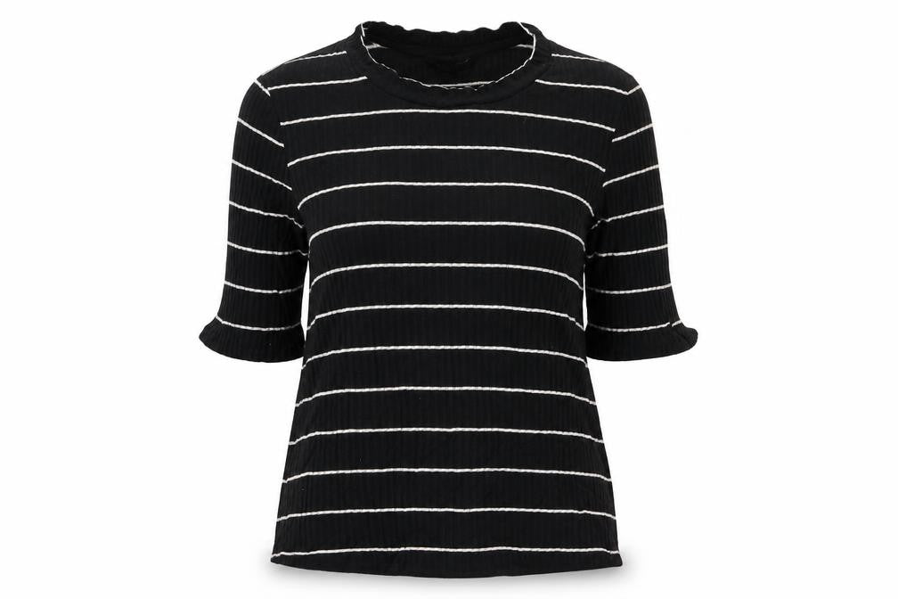 Topshop Womens Black Striped Viscose Basic T-Shirt Size 10 Round Neck