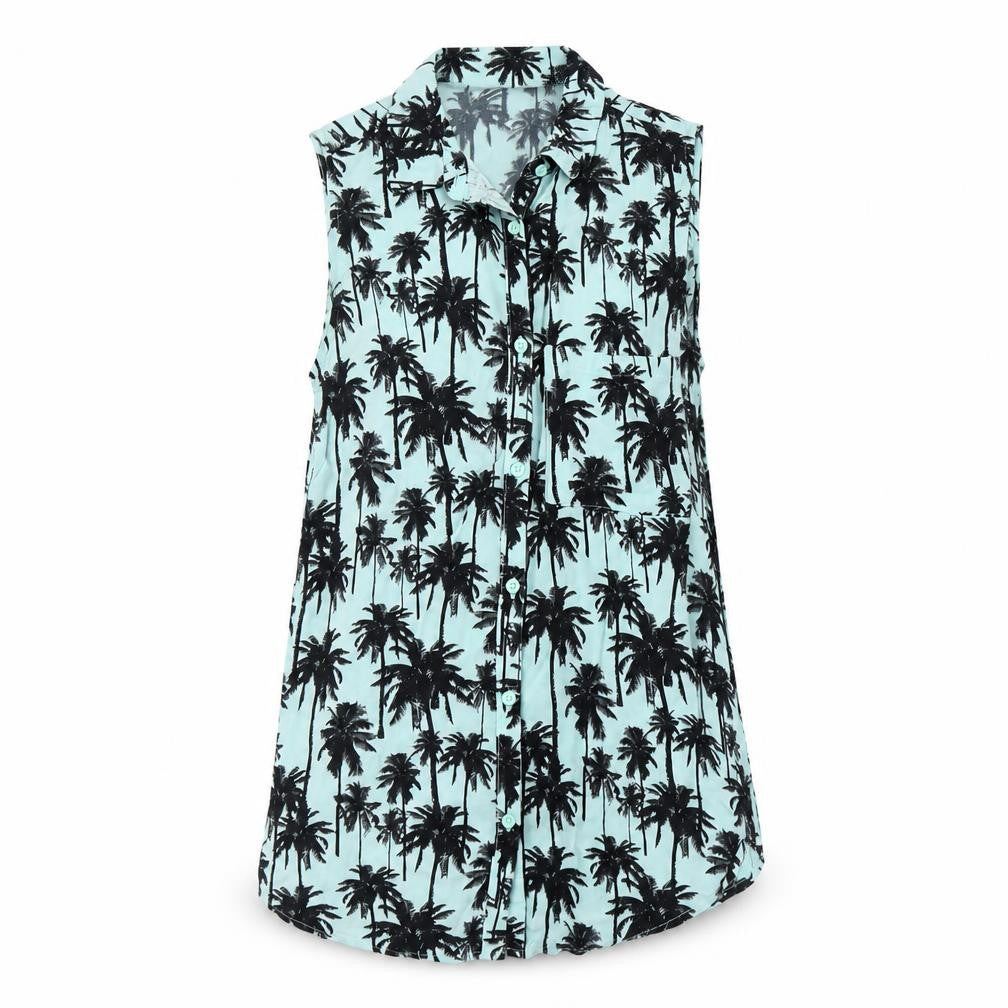 H&M Womens Blue Geometric Viscose Basic Button-Up Size 4 Collared - Tree Print