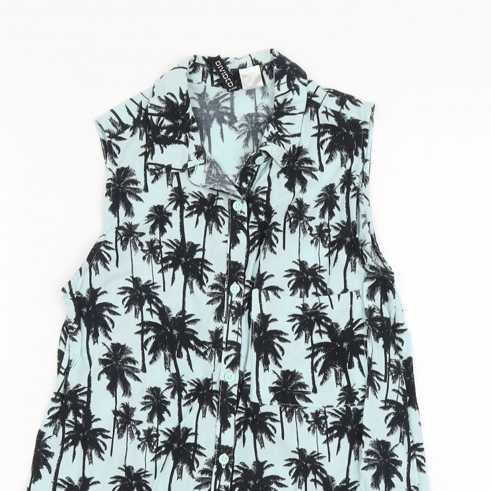 H&M Womens Blue Geometric Viscose Basic Button-Up Size 4 Collared - Tree Print