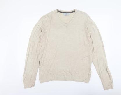 Marks & Spencer Mens Beige V-Neck Acrylic Pullover Jumper Size M Long Sleeve