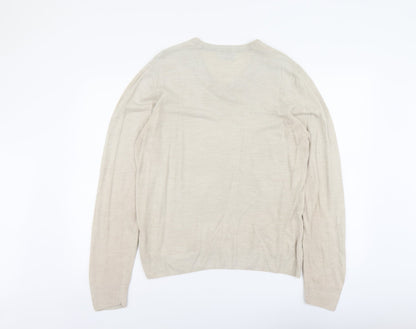 Marks & Spencer Mens Beige V-Neck Acrylic Pullover Jumper Size M Long Sleeve