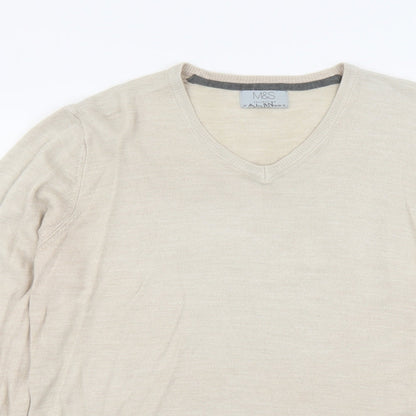 Marks & Spencer Mens Beige V-Neck Acrylic Pullover Jumper Size M Long Sleeve