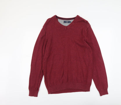 Maine New England Mens Red V-Neck Cotton Pullover Jumper Size S Long Sleeve
