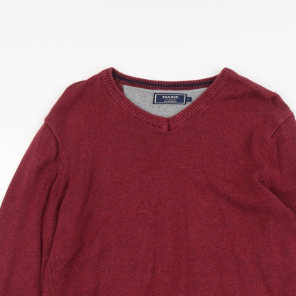 Maine New England Mens Red V-Neck Cotton Pullover Jumper Size S Long Sleeve