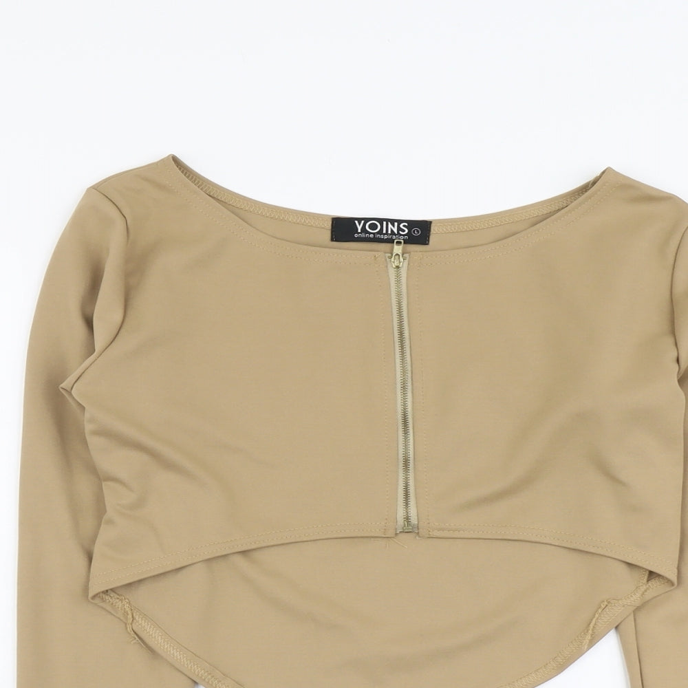 Yoins Womens Beige Polyester Cropped T-Shirt Size L Round Neck