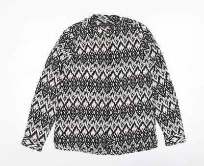 Marks & Spencer Womens Black Geometric Polyester Basic Button-Up Size 10 Round Neck
