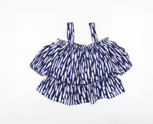 George Womens Blue Geometric Cotton Basic Blouse Size 8 Square Neck - Drop hem