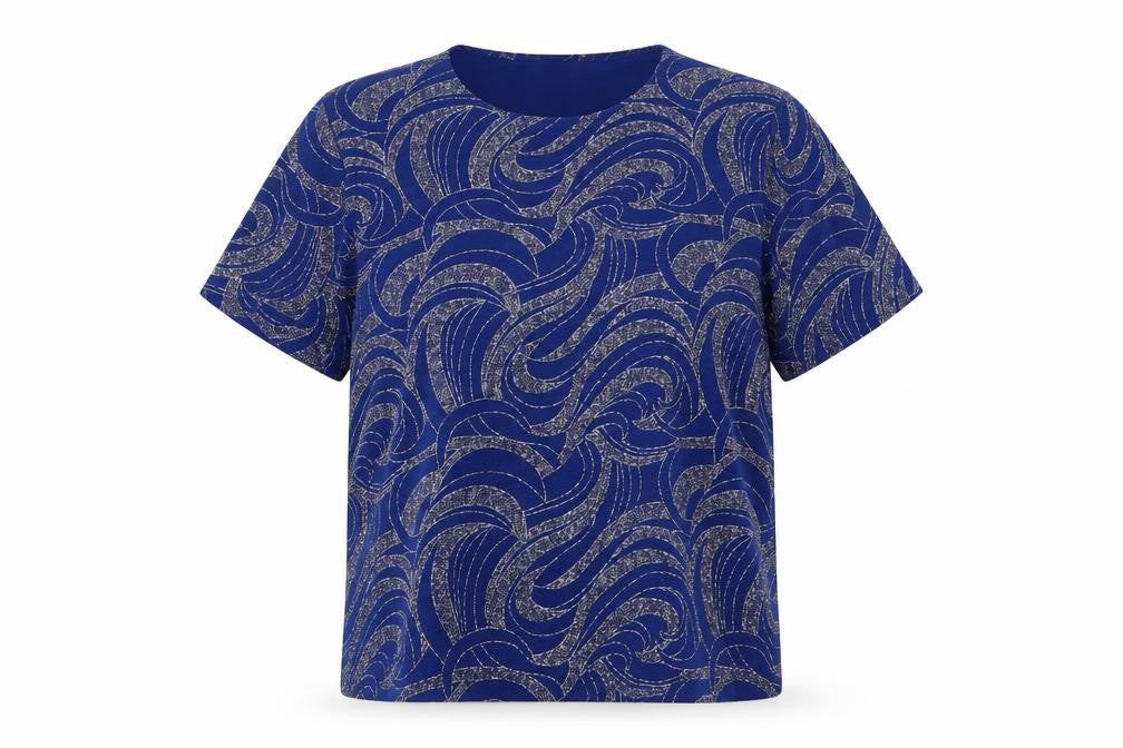 Bonmarché Womens Blue Geometric Polyester Basic T-Shirt Size L Round Neck