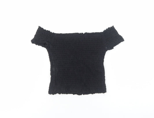 Preworn Girls Black Cotton Cropped Blouse Size 7 Years Off the Shoulder Pullover - Shirred Bardot