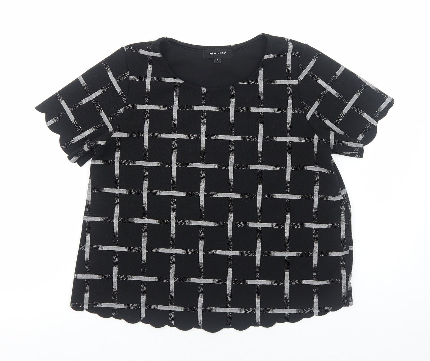 New Look Womens Black Geometric Polyester Basic T-Shirt Size 6 Round Neck