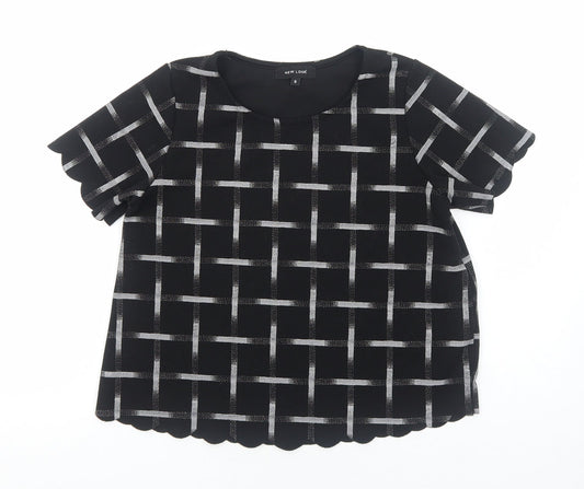 New Look Womens Black Geometric Polyester Basic T-Shirt Size 6 Round Neck