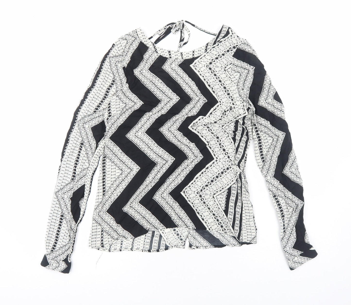 VILA Womens White Geometric Viscose Basic Blouse Size M Round Neck