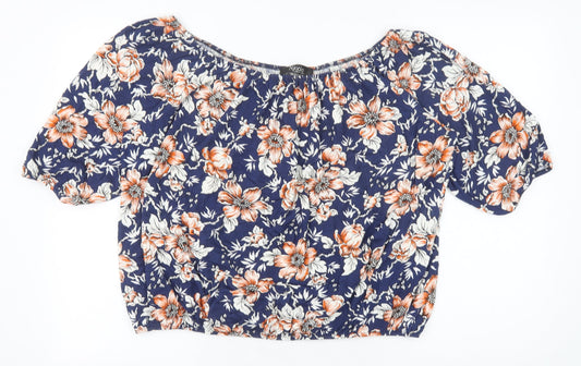 Nicole Collection Womens Blue Floral Viscose Basic Blouse Size L Off the Shoulder