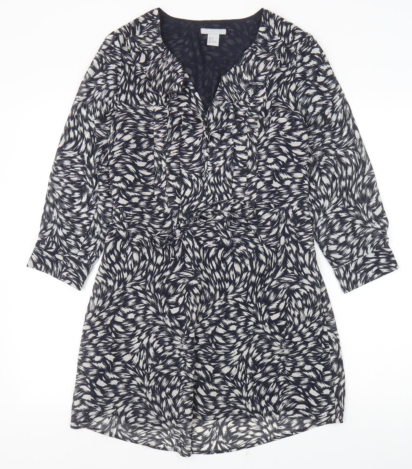H&M Womens Blue Geometric Polyester A-Line Size S V-Neck Button