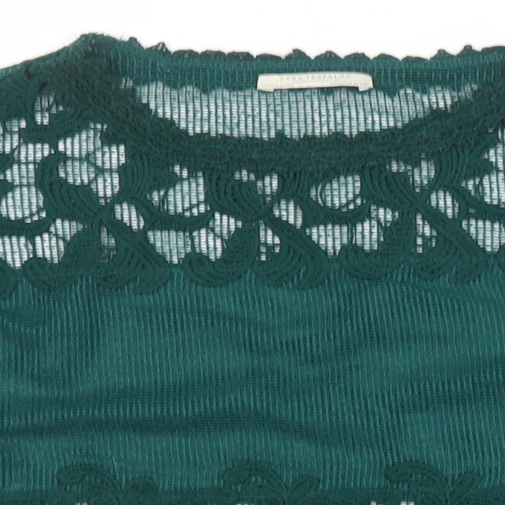 Zara Womens Green Polyester Basic T-Shirt Size S Round Neck